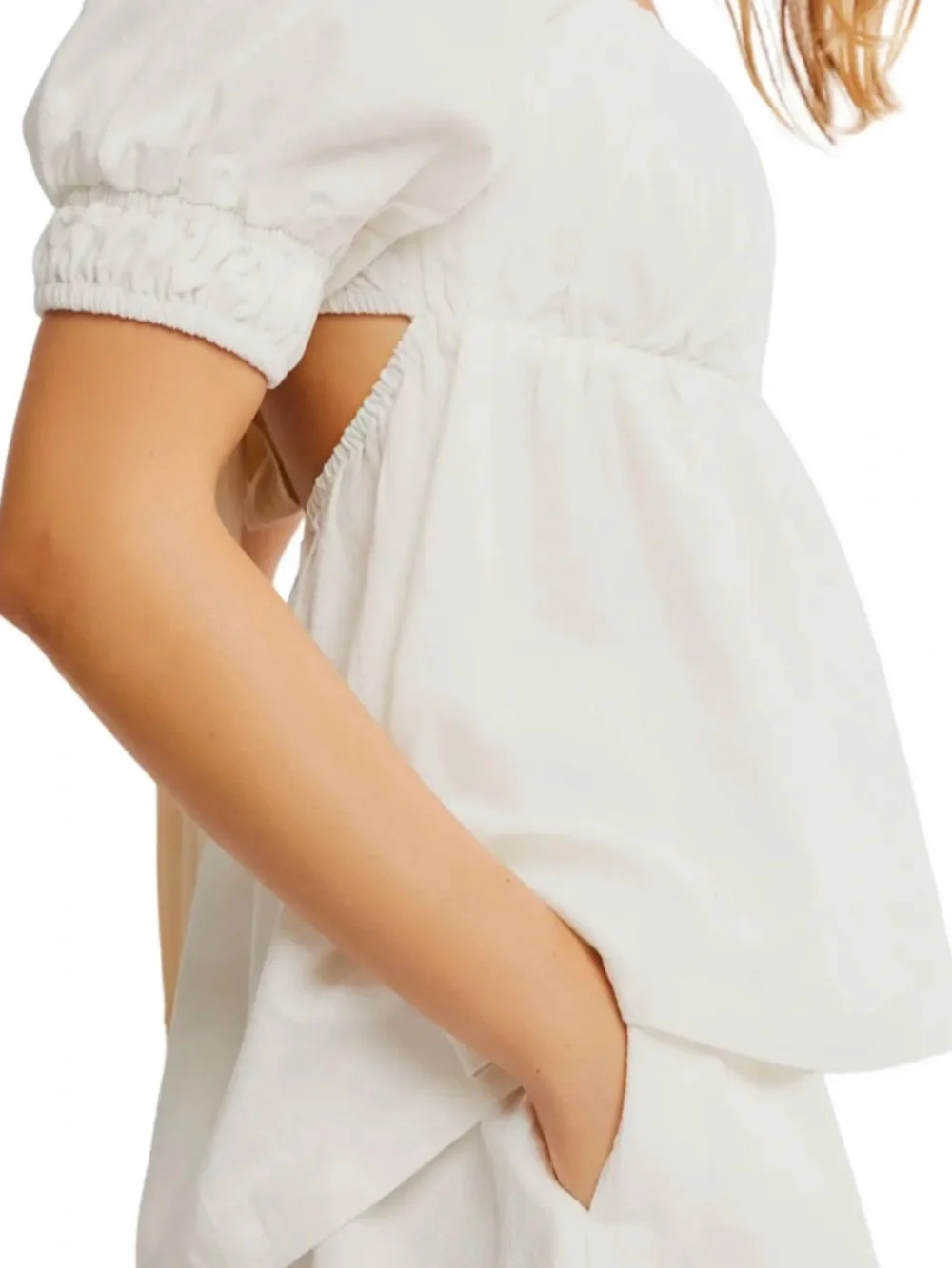 Free People White Cotton Babydoll Blouse NWT Medium Puff Sleeves Open Tie Back